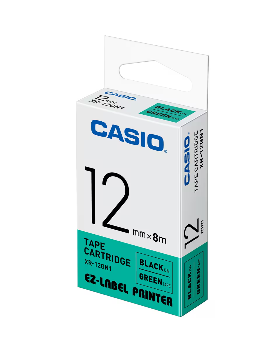 Casio XR-12GN1 Label it tape, Width 12mm (Black on Green)