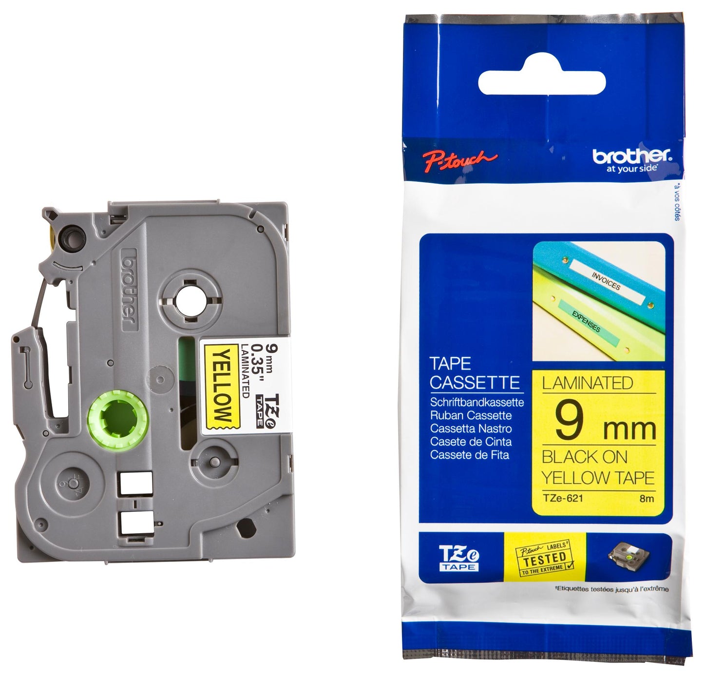 Brother TZE-621 Laminated Tape, Width 9mm (Black on Yellow)