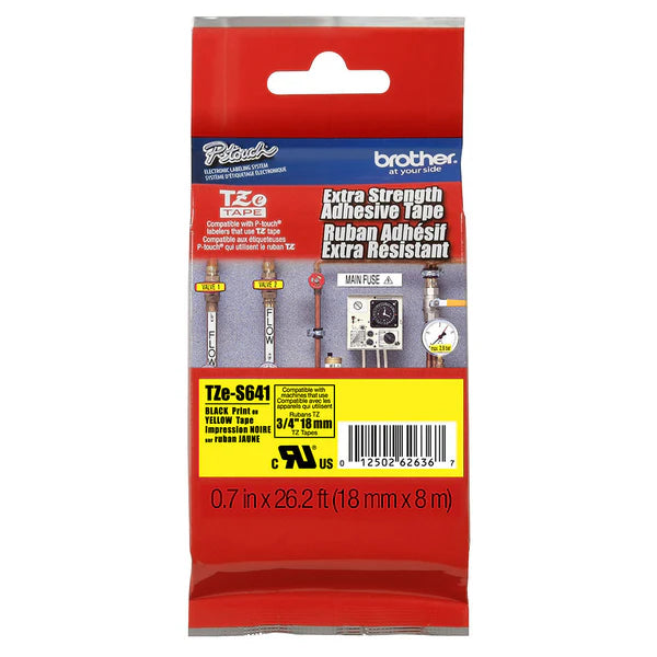 Brother TZE-S641 Strong Laminated Tape, Width 18mm (Black on Yellow)