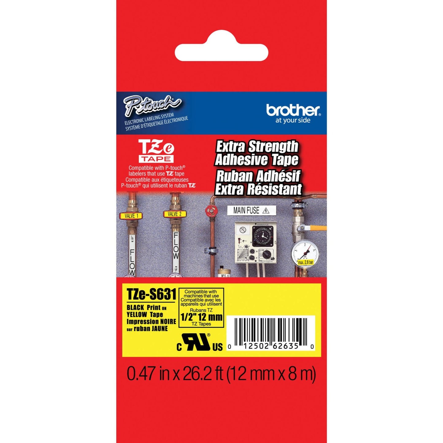 Brother TZE-S631 Strong Laminated Tape, Width 12mm (Black on Yellow)