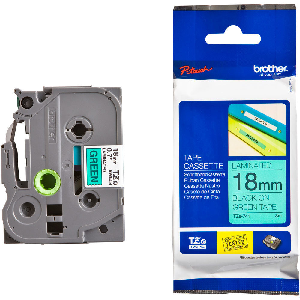 Brother TZE-741 Laminated Tape, Width 18mm ( Black on Green)