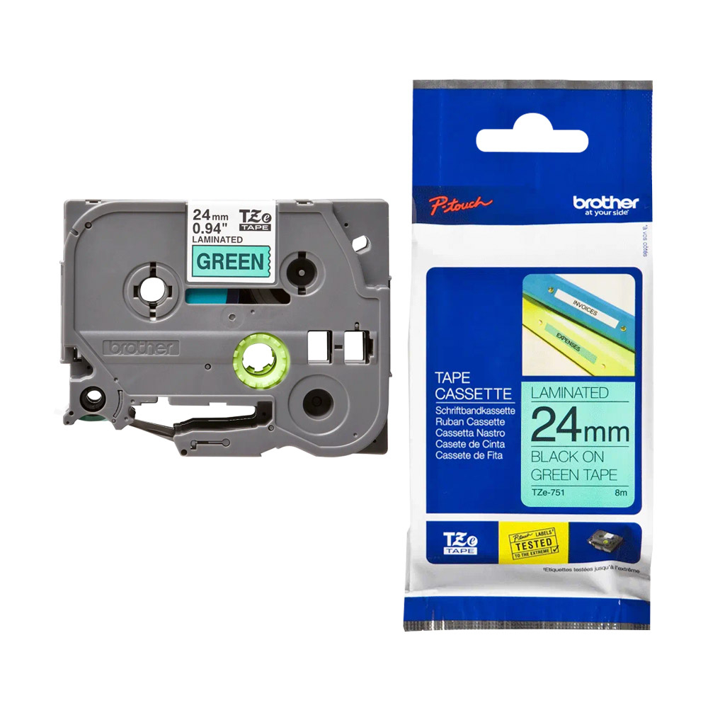 Brother TZE-751 Laminated Tape, Width 24mm (Black on Green)