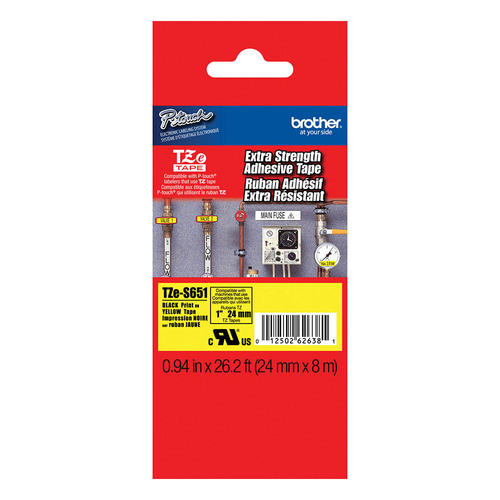 Brother TZE-S651 Strong Laminated Tape, Width 24mm (Black on Yellow)