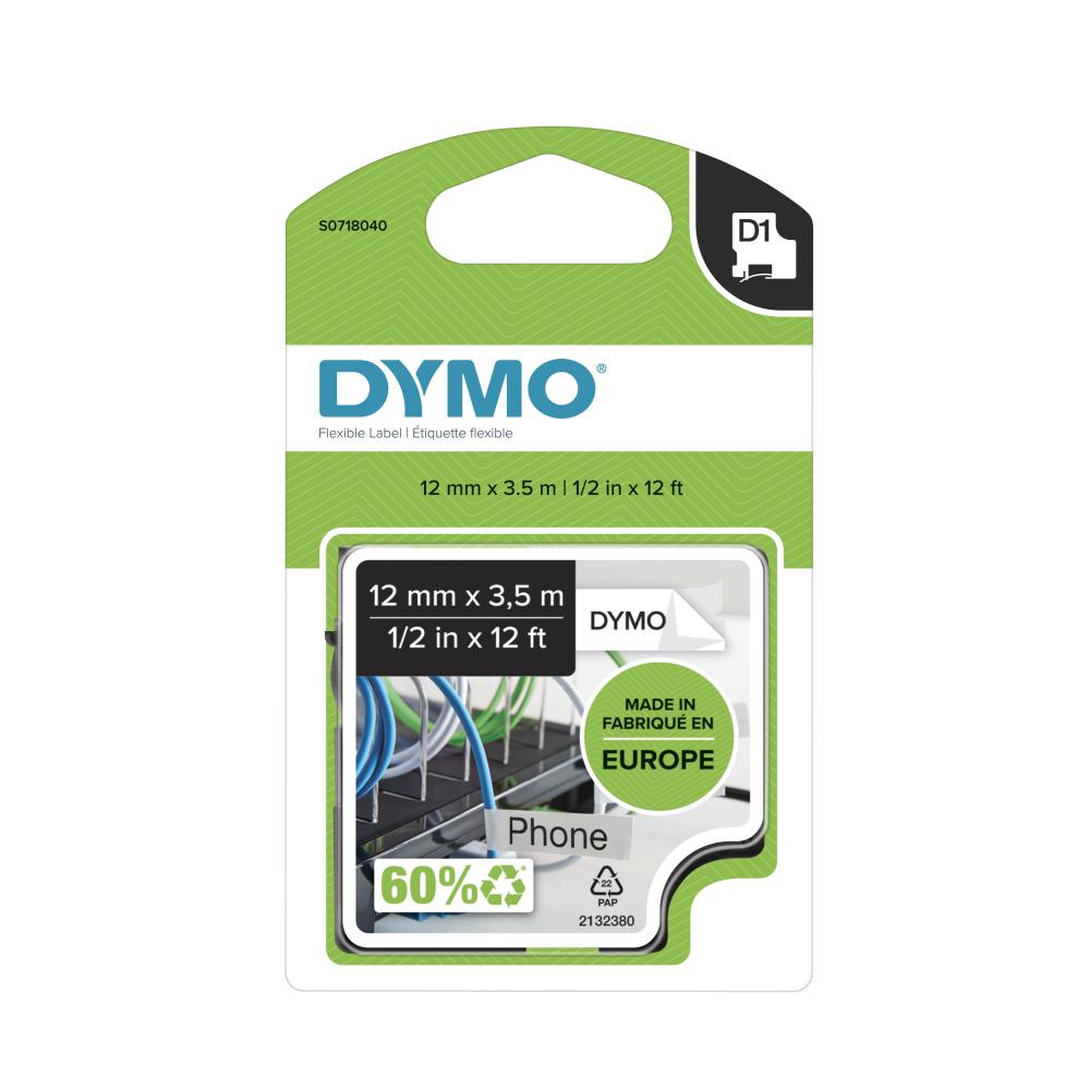 Dymo S0718040 D1 Nylon Tape, Width 12mm ( Black on White)