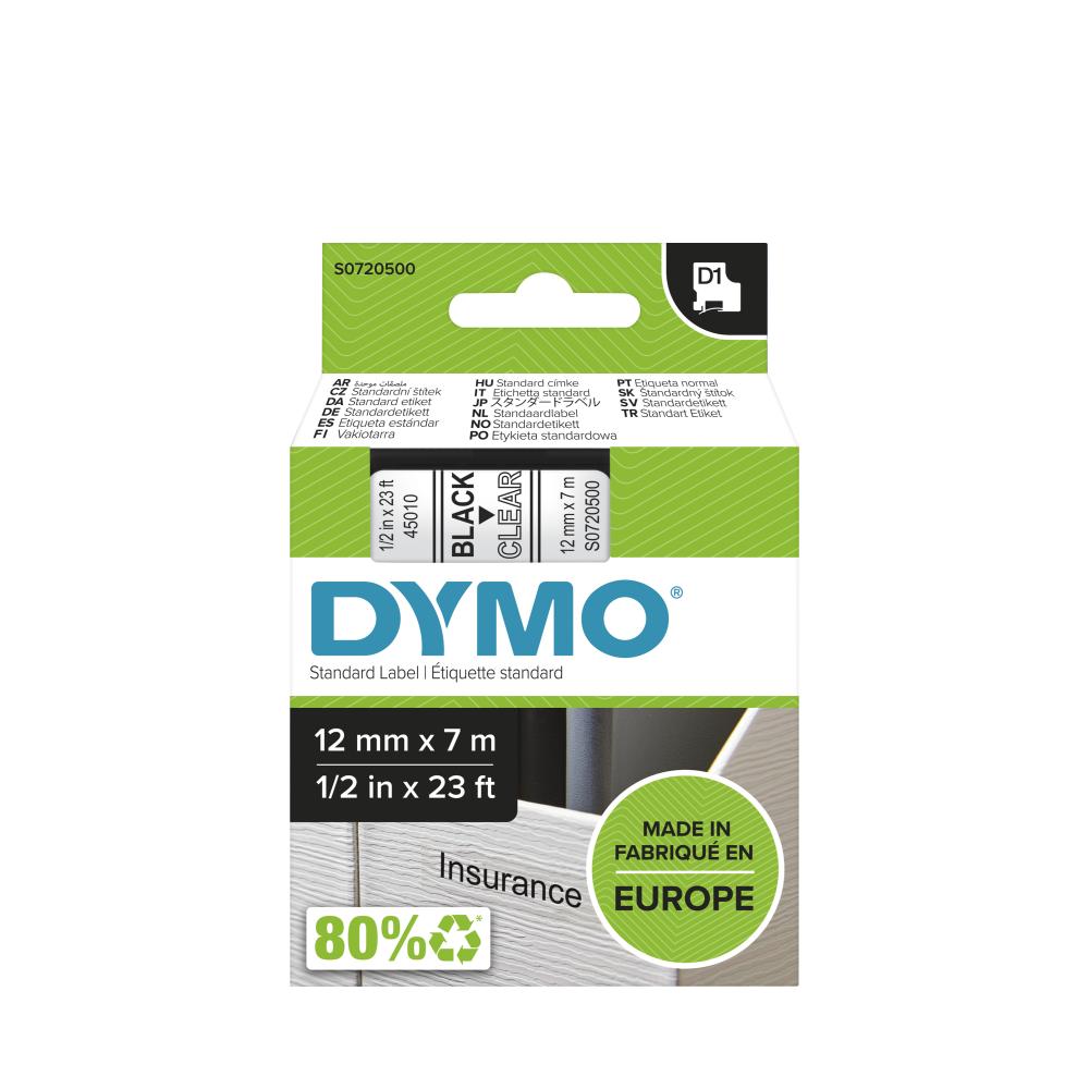 Dymo S0720500 D1 Label Tape, Width 12mm (Black on Clear)