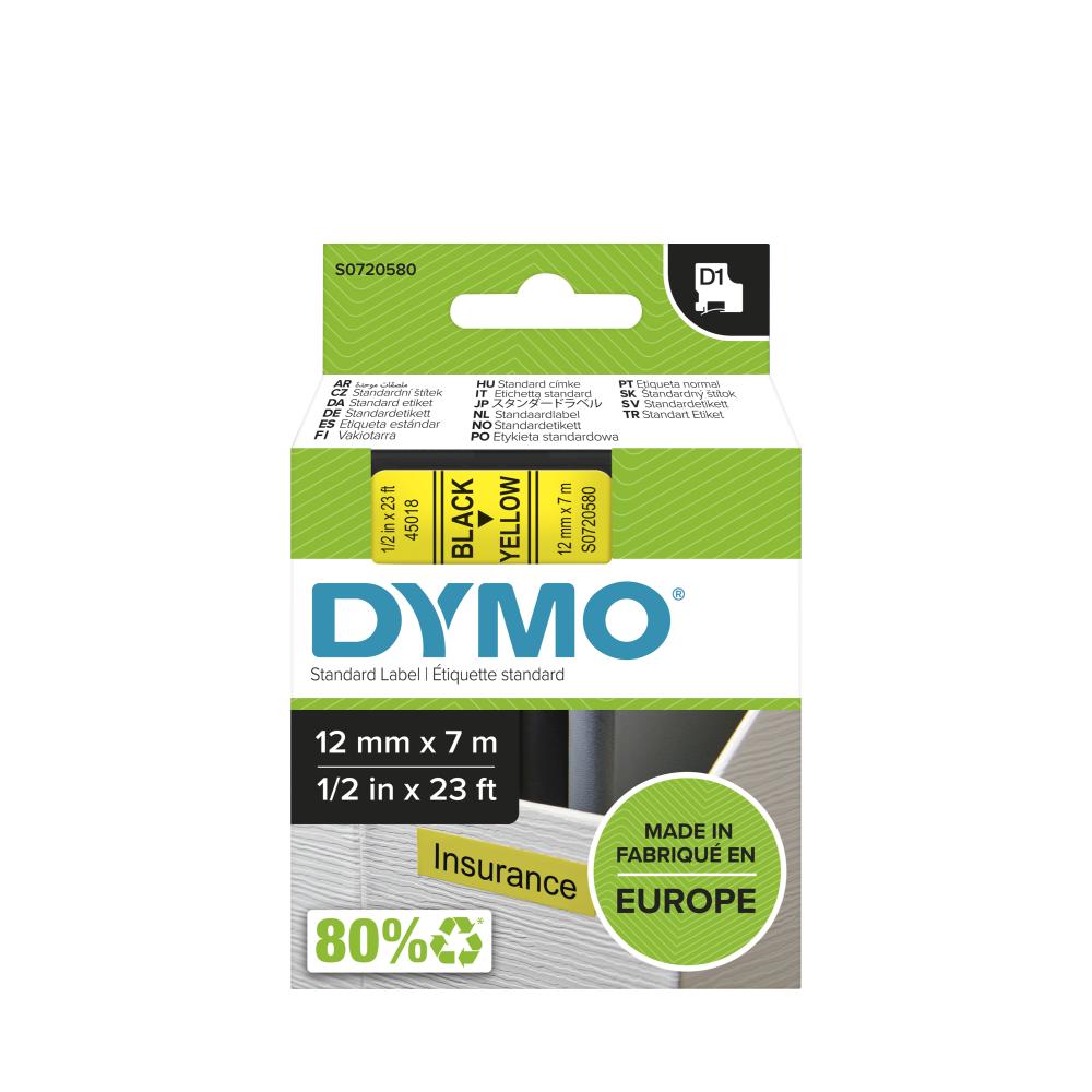 Dymo S0720580 D1 Label Tape, Width 12mm (Black on Yellow)