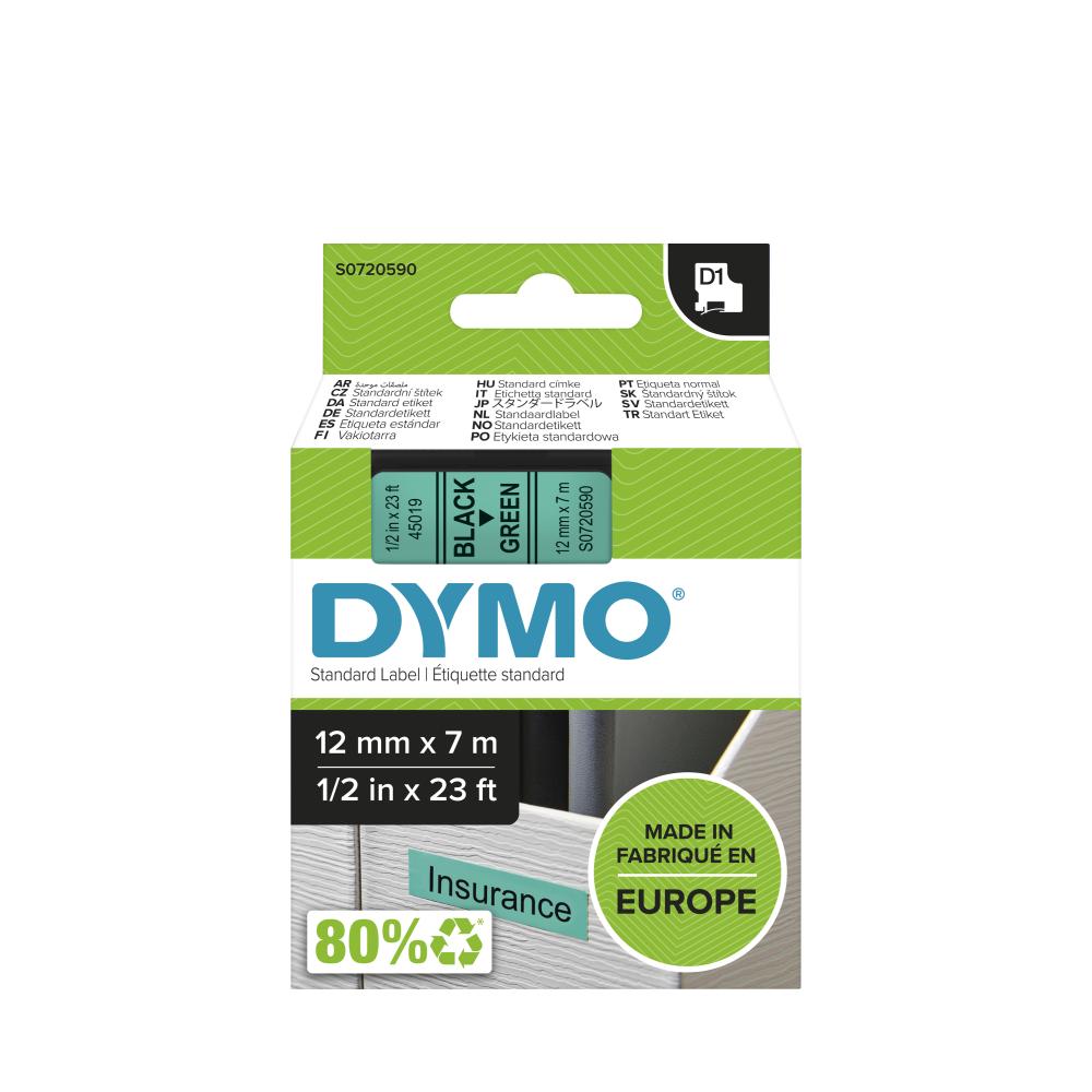 Dymo S0720590 D1 Label Tape, Width 12mm (Black on Green)