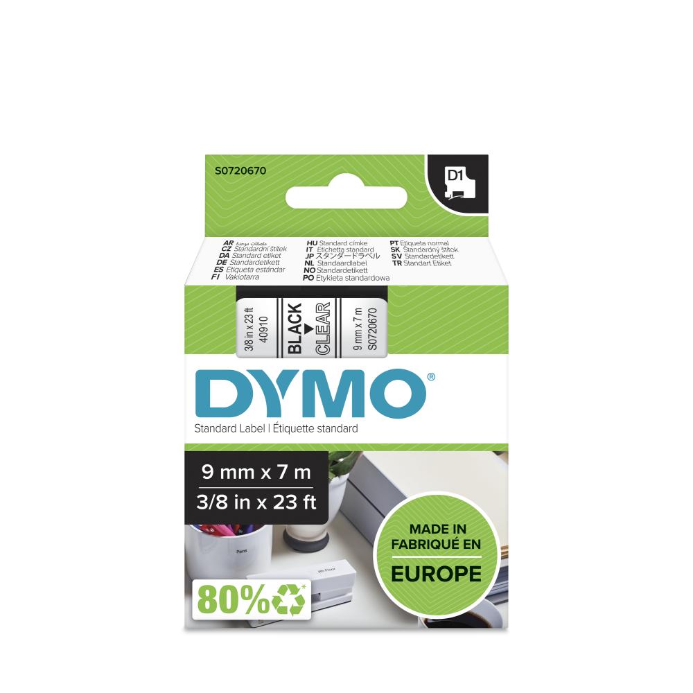 Dymo S0720670 D1 Label Tape, Width 9mm (Black on Clear)