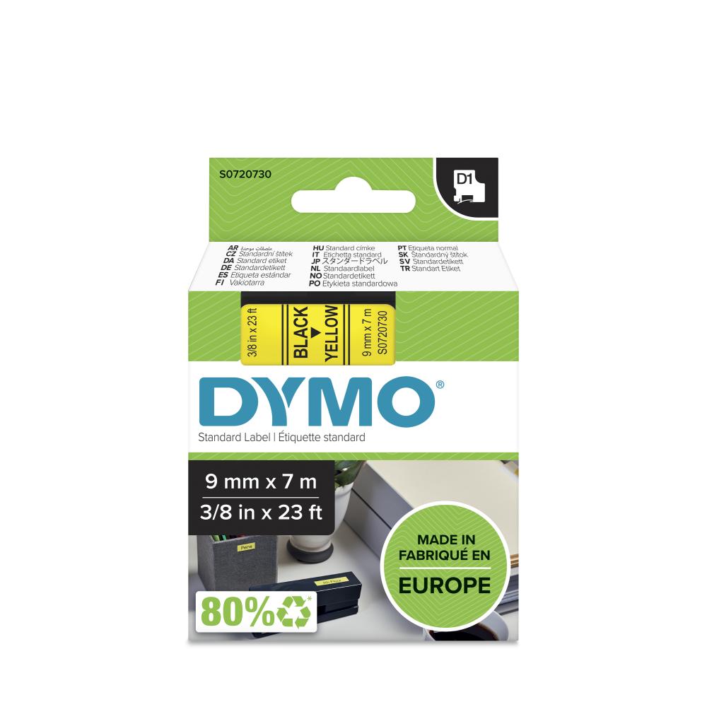 Dymo S0720730 D1 Label Tape, Width 9mm (Black on Yellow)
