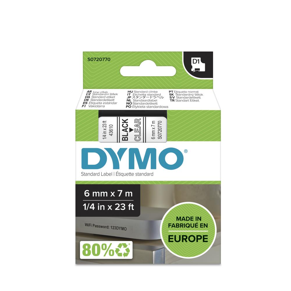 Dymo S0720770 D1 Label Tape, Width 6mm (Black on Clear)