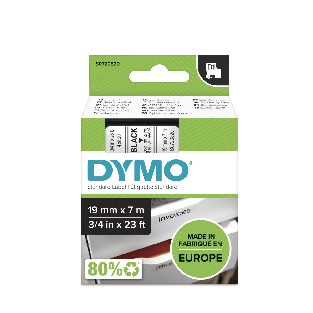 Dymo S0720820 D1 Label Tape, Width 19mm ( Black on Clear)