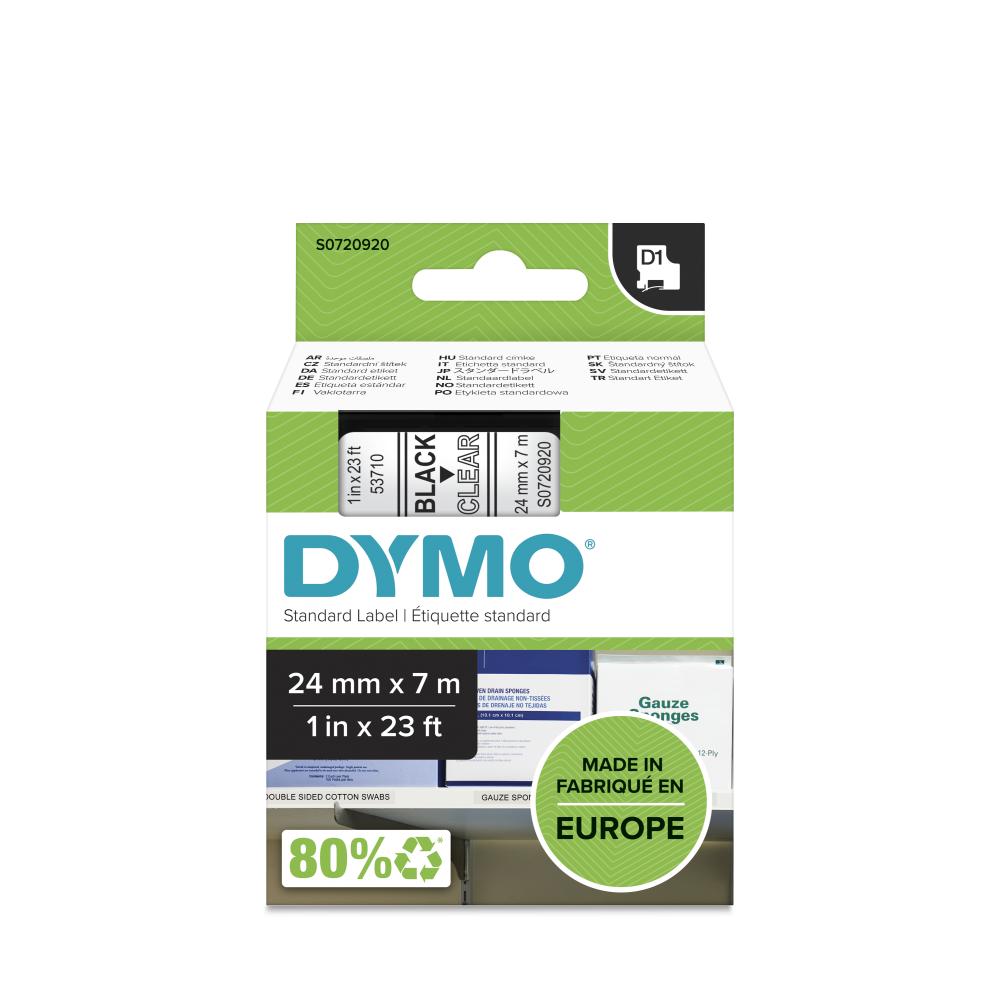 Dymo S0720920 D1 Label Tape, Width 24mm ( Black on Clear)